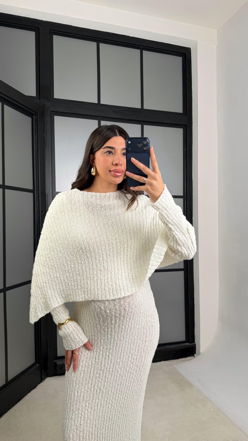 Ekru Elbise Pelerin Triko İkili Takım GAUS-01194