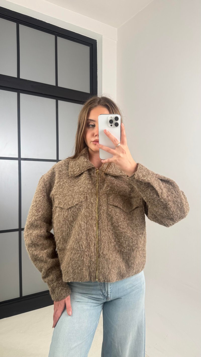 Kahve Astarlı Fermuarlı Muadil Keçe Kumaş Ceket GAUS-00603