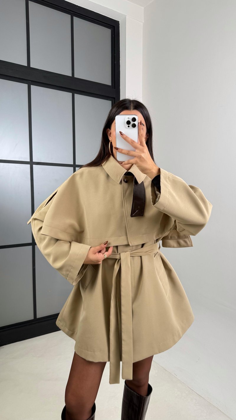 Camel Yaka Deri Detaylı Tasarım Pelerin Trençkot GAUS-00484