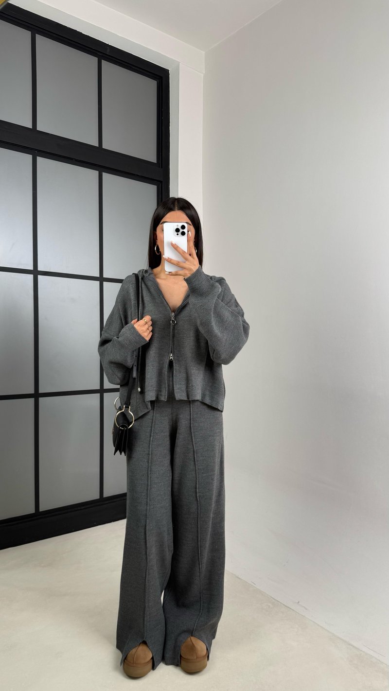 Antrasit Kapüşonlu Hırka Beli Lastikli Pantolon İkili Triko Takım GAUS-00564