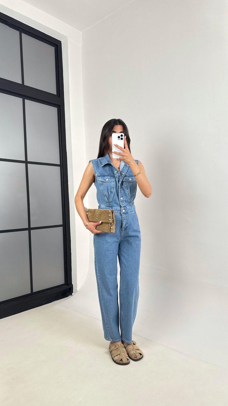 Mavi Sıfır Kol Önü Düğmeli ZR Muadil Denim Tulum Gaus00438