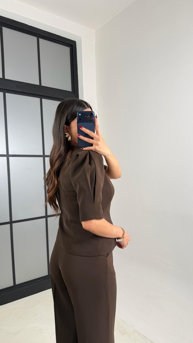 Acı Kahve Gold Düğmeli Balon Kol Ceket Beli Lastikli Pantolon Kumaş Takım GAUS-00748
