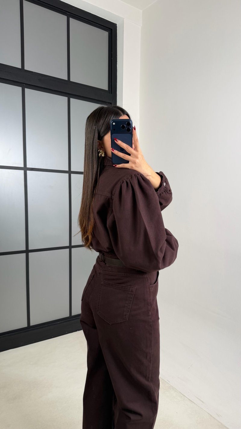 Kahve Kemerli Premium Denim Tulum GAUS-00739 GAUS-00673