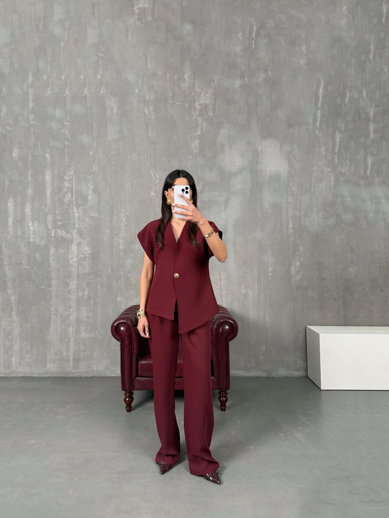 Jasmin Bordo Premium Asimetrik Yelekli Takım