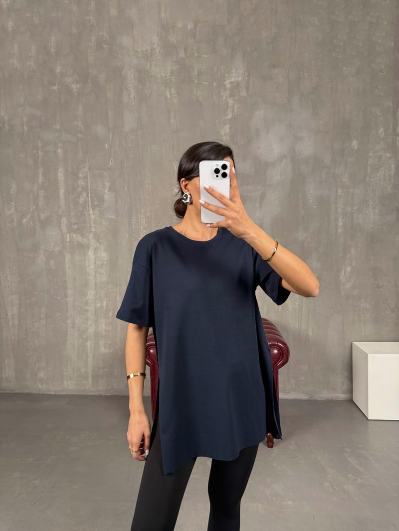 Lacivert Yandan Yırtmaçlı Bisiklet Yaka Tshirt Gaus00045