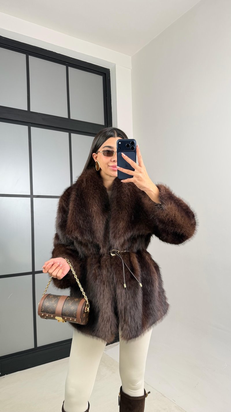 Acı Kahve Astarlı Kemer Detaylı Premium Kürk GAUS-00878