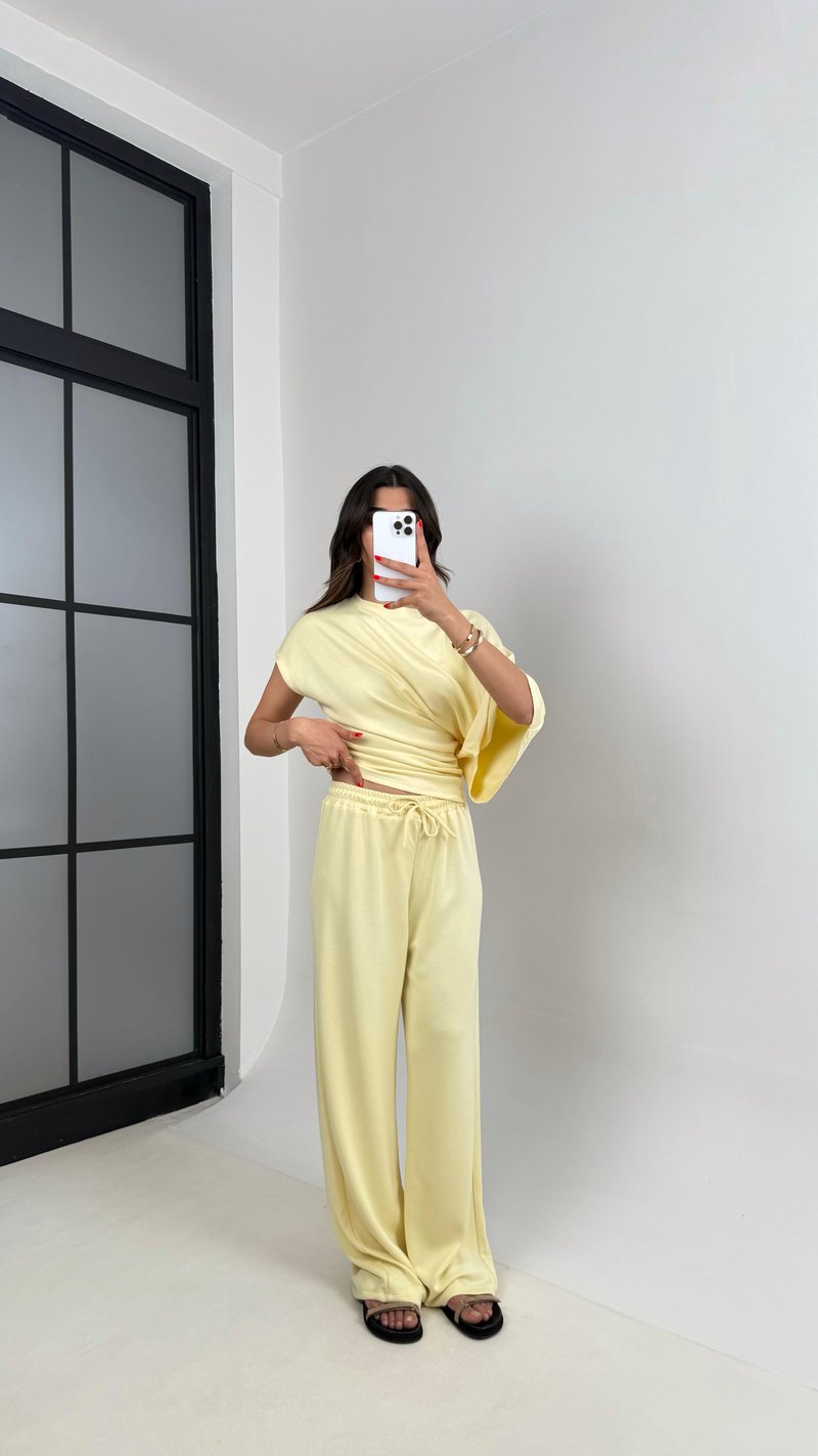 Sarı Yarasa Kol Bluz Beli Lastikli Pantolon Tasarım Modal Kumaş Takım Gaus00490