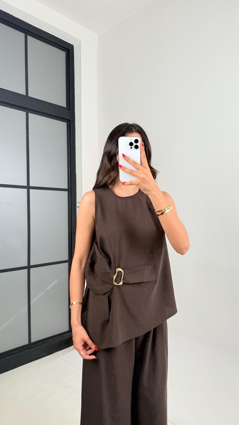 Acı Kahve Gold Detaylı Bluz Balon Pantolon İkili Tencel Takım Gaus00510