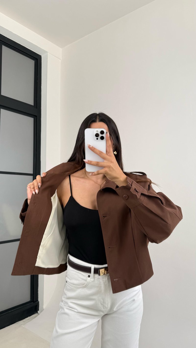 Kahve Pile Detaylı Astarlı Kısa Trençkot GAUS-0089