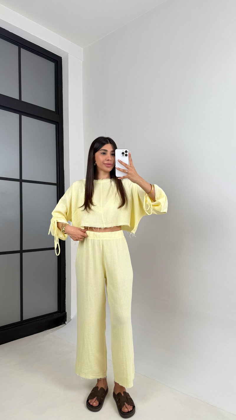 Sarı Kol Büzgülü Crop Beli Lastikli Pantolon Tasarım Müslin Takım Gaus00581