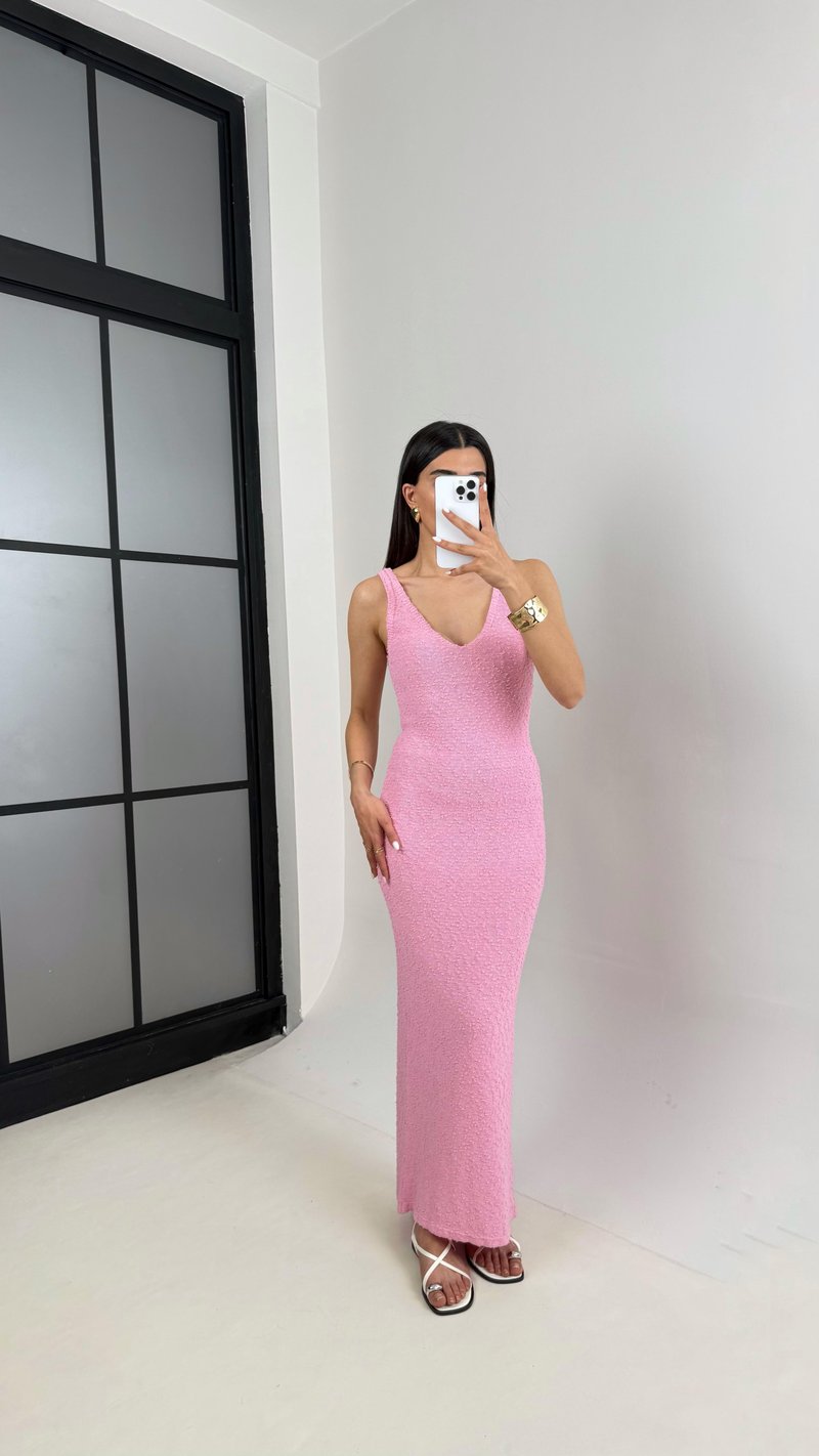 Pembe V Yaka Askılı Triko Elbise Gaus00412
