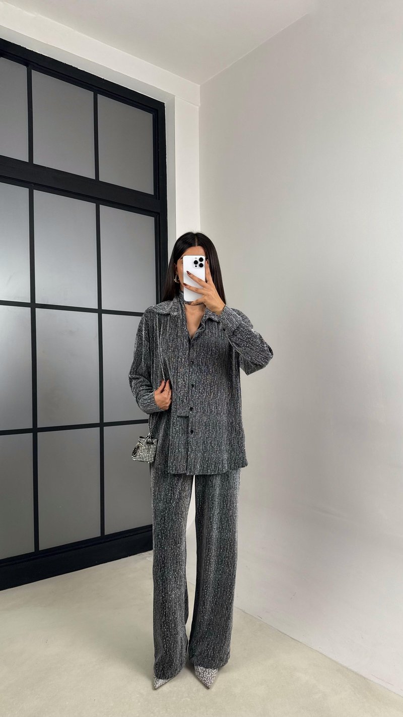 Gri Taş Detaylı Kuşaklı Gömlek Beli Lastikli Pantolon Tasarım Takım GAUS-00165