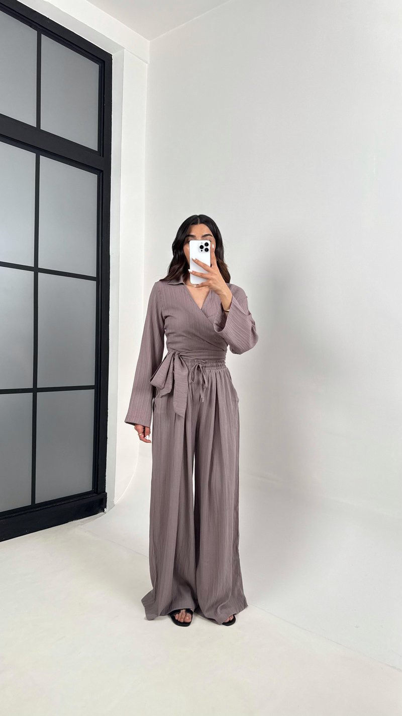 Mürdüm Bağlamalı Üst Beli Lastikli Pantolon Gofre Takım Gaus00389 
