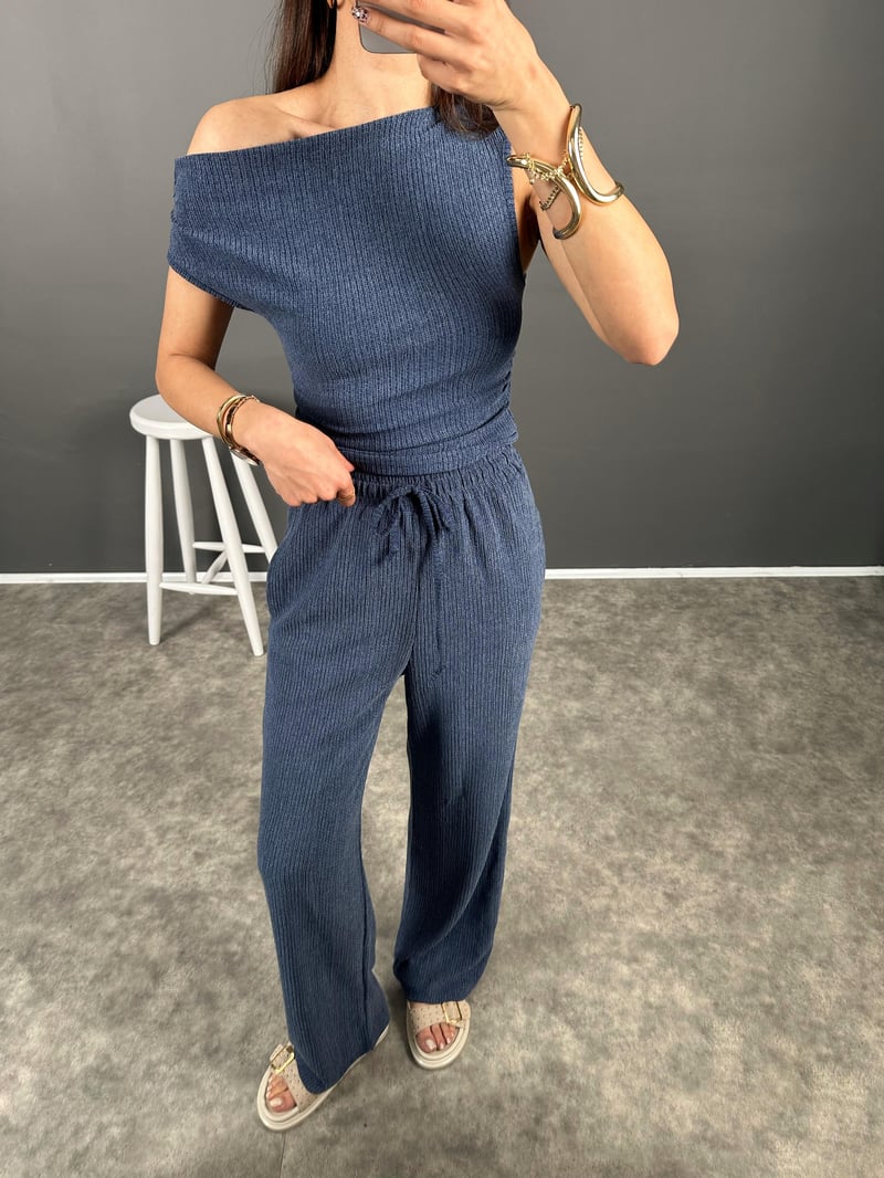 Zr Model Mavi Büzgülü Omuz Dekolteli İkili Takım