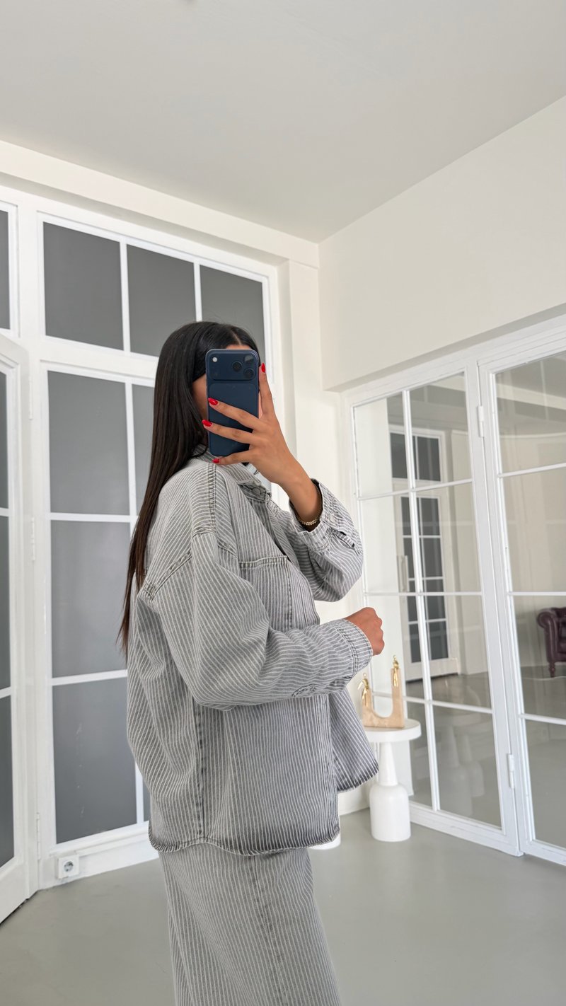 Gri Çizgi Detaylı Gömlek Pantolon İkili Denim Takım GAUS-01882