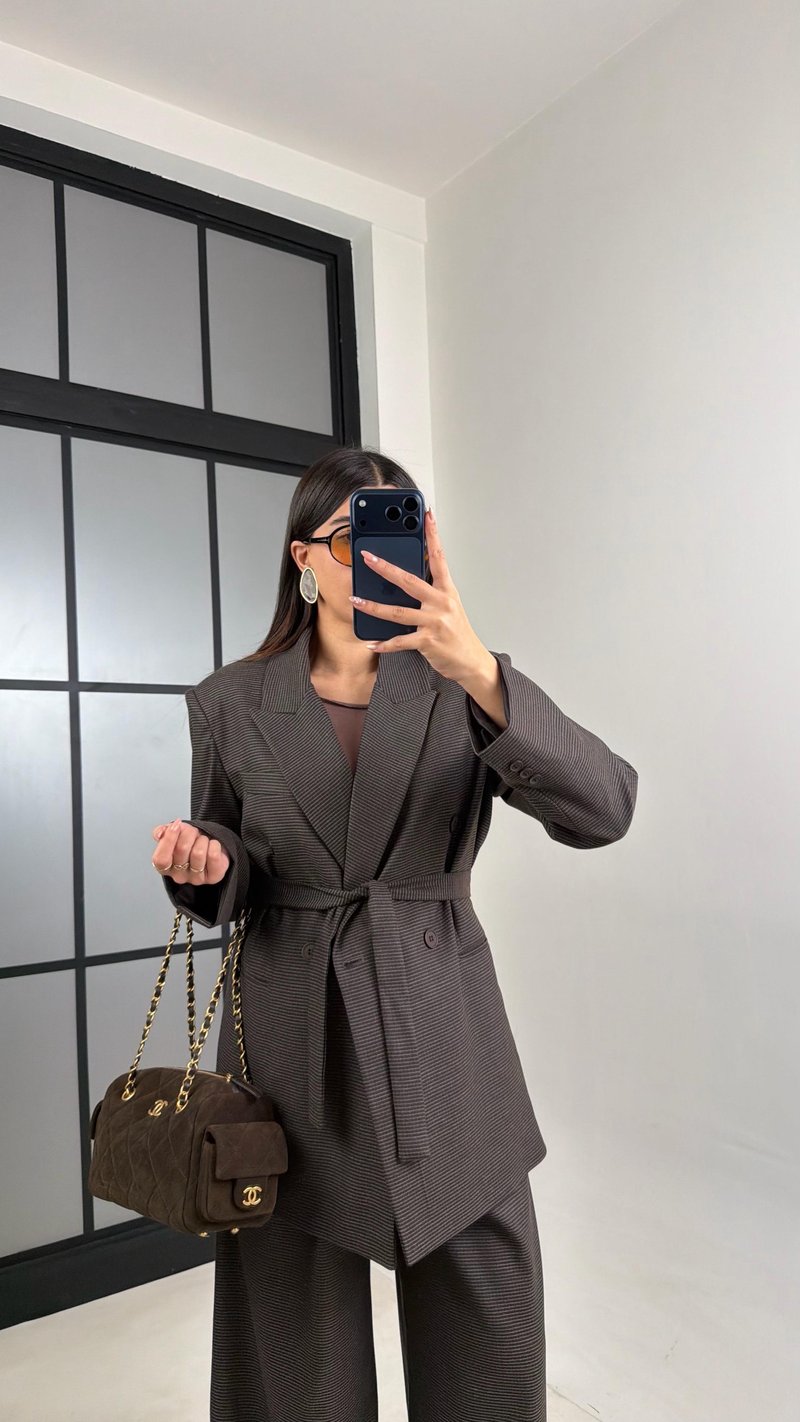 Kahve Vatkalı Astarlı Kuşaklı Premium Desenli Ceket GAUS-00910