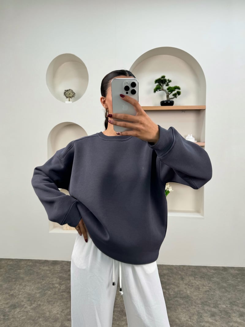 Meksa Antrasit Bisiklet Yaka Şardonlu Sweatshirt