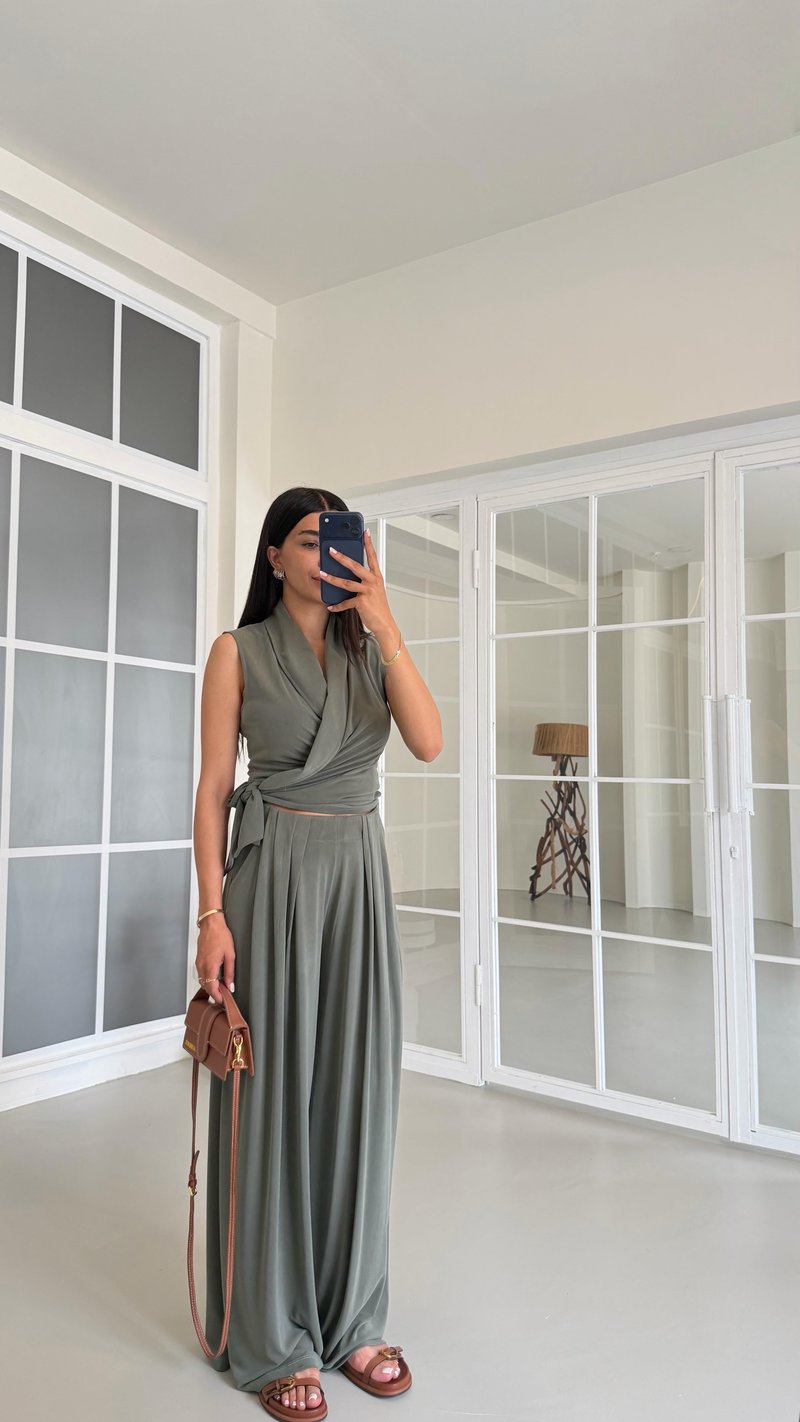 Haki OYS Model Bağlama Detaylı Bluz Beli Lastikli Pantolon İkili Modal Takım GAUS-01662