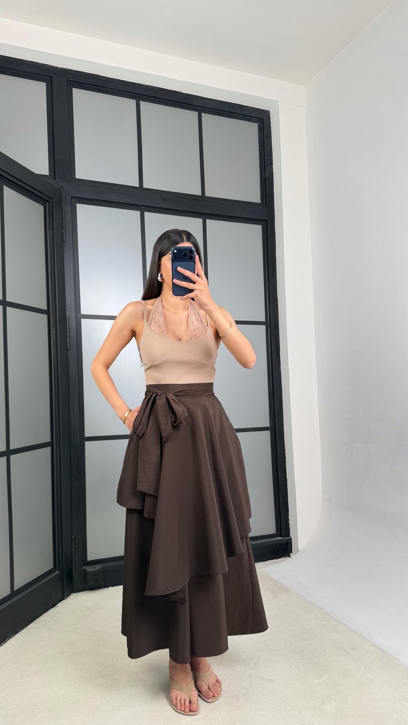 Acı Kahve İthal Tencel Kumaş Tasarım Etek Pantolon GAUS-01412