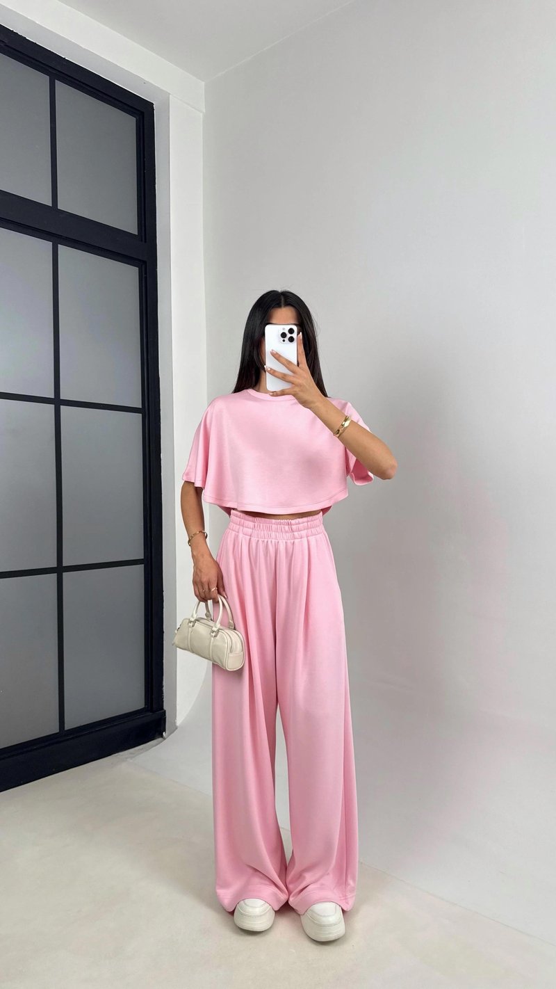 Pembe Crop Beli Lastikli Palazzo Eşofman İkili Modal Kumaş Takım GAUS-01219