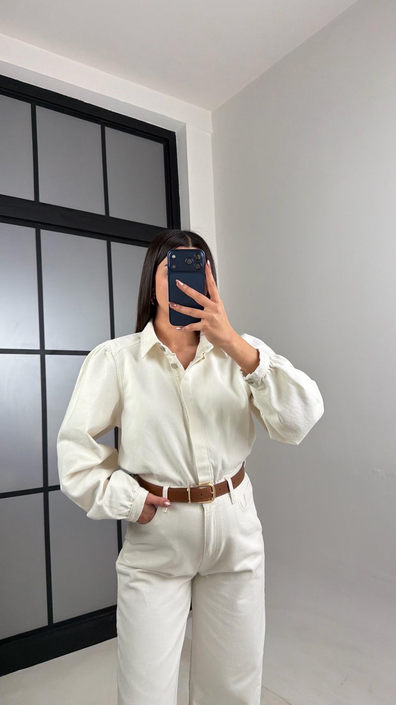 Ekru Kemerli Premium Denim Tulum GAUS-00673