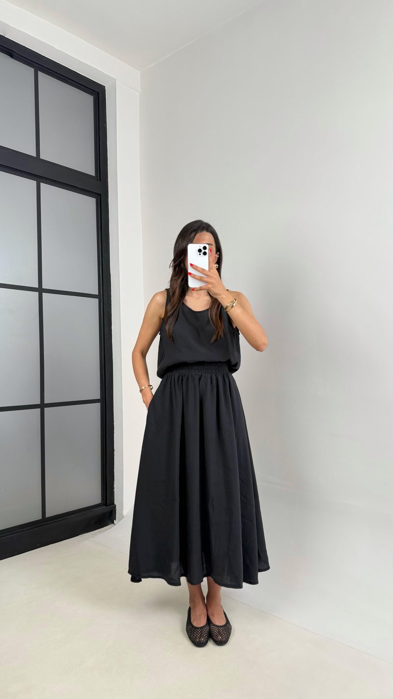 Siyah Bluz Beli Lastikli Etek İkili Kırışık Tencel Takım Gaus00522