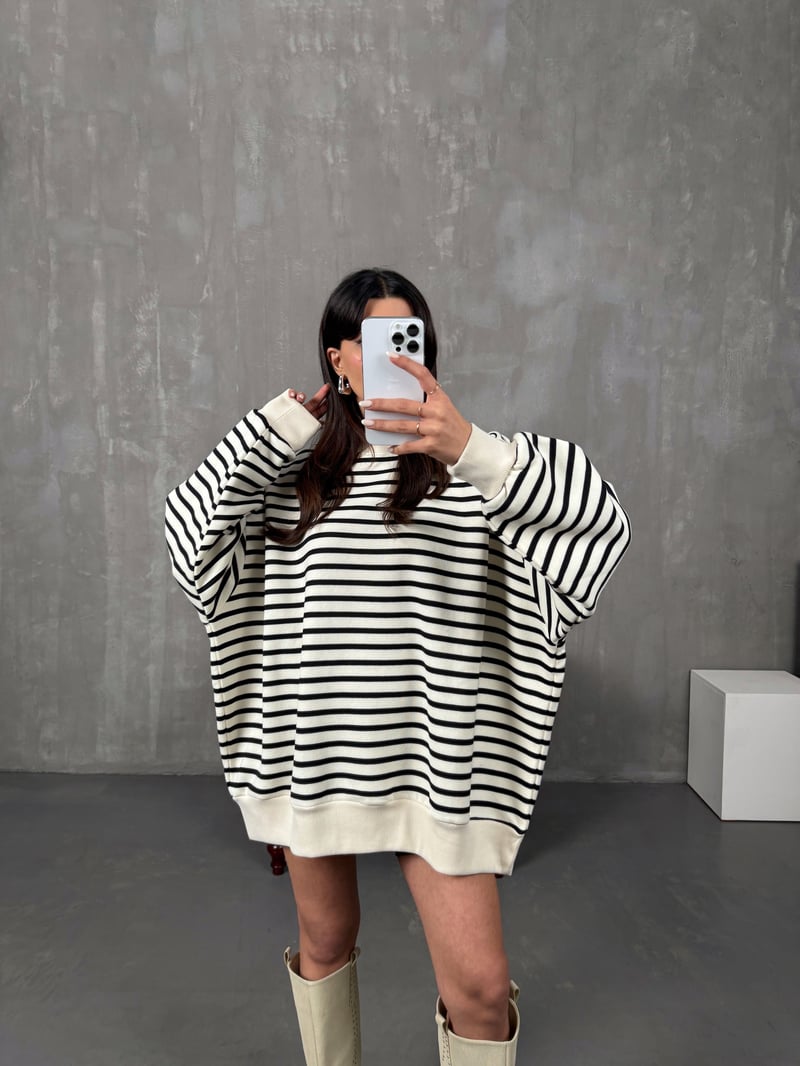 Felisya Siyah Çizgili Üç İplik Şardonlu Sweat