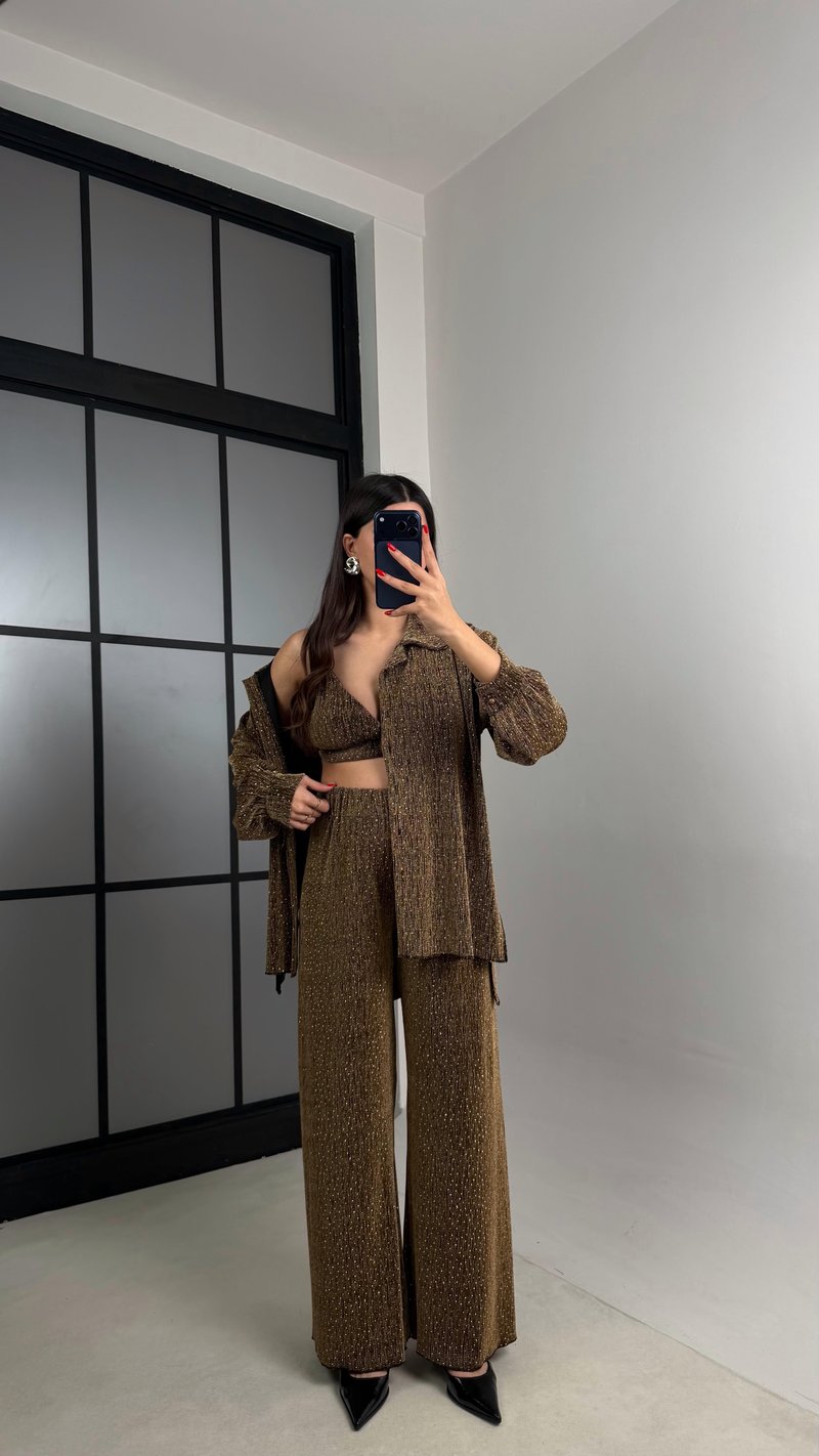Altın Taş Detaylı Gömlek Crop Beli Lastikli Pantolon Tasarım Takım GAUS-00919