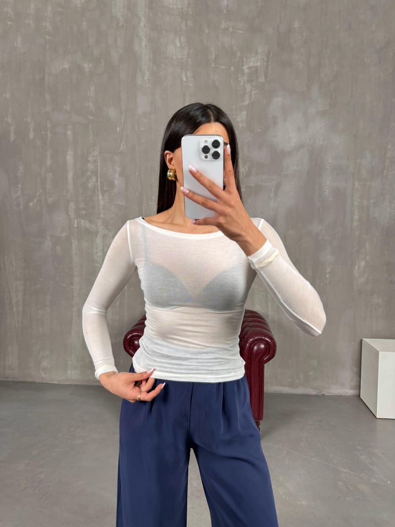 Beyaz Transparan Kaşmir Dokulu Bluz Gaus00272