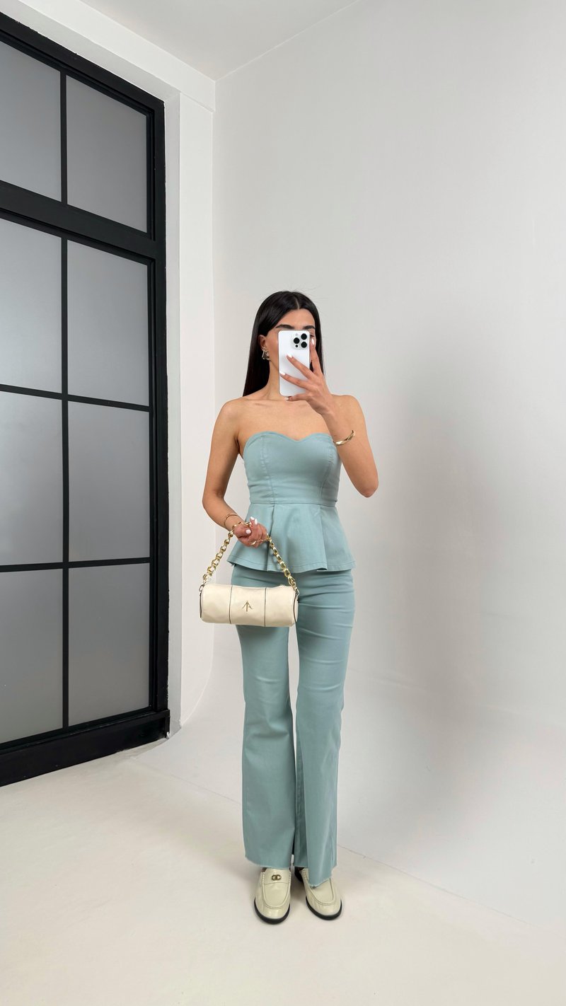 Su Yeşili Flare Jean Straplez Crop Volanlı Tasarım Takım Gaus00400