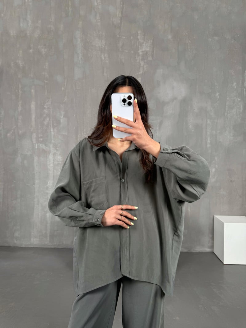 Haki Cepli Gömlek Beli Lastikli Pantolon Tensel Takım Gaus00134