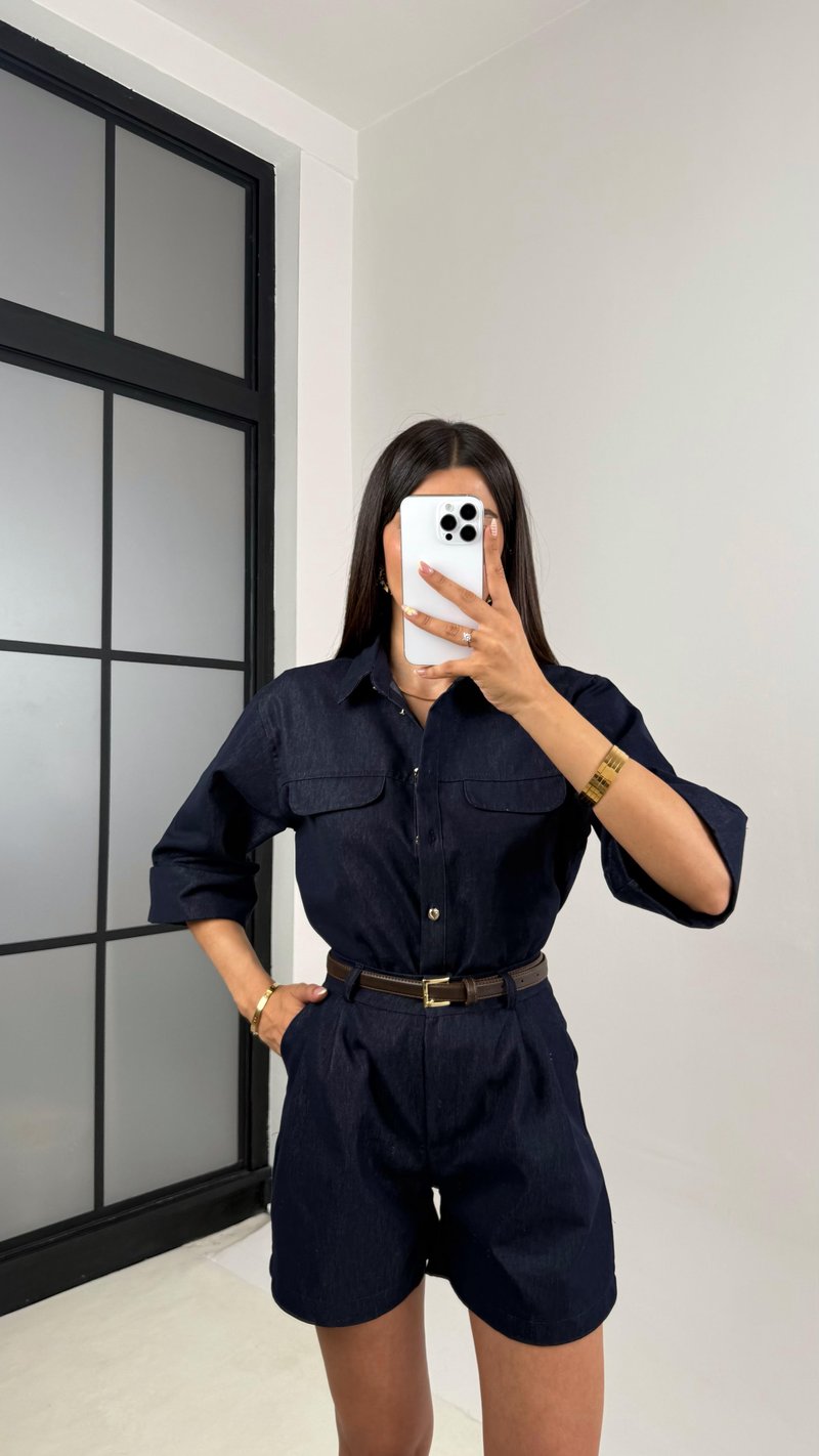 Lacivert Cep Detaylı Gömlek Kemerli Şort İkili Denim Takım Gaus00643