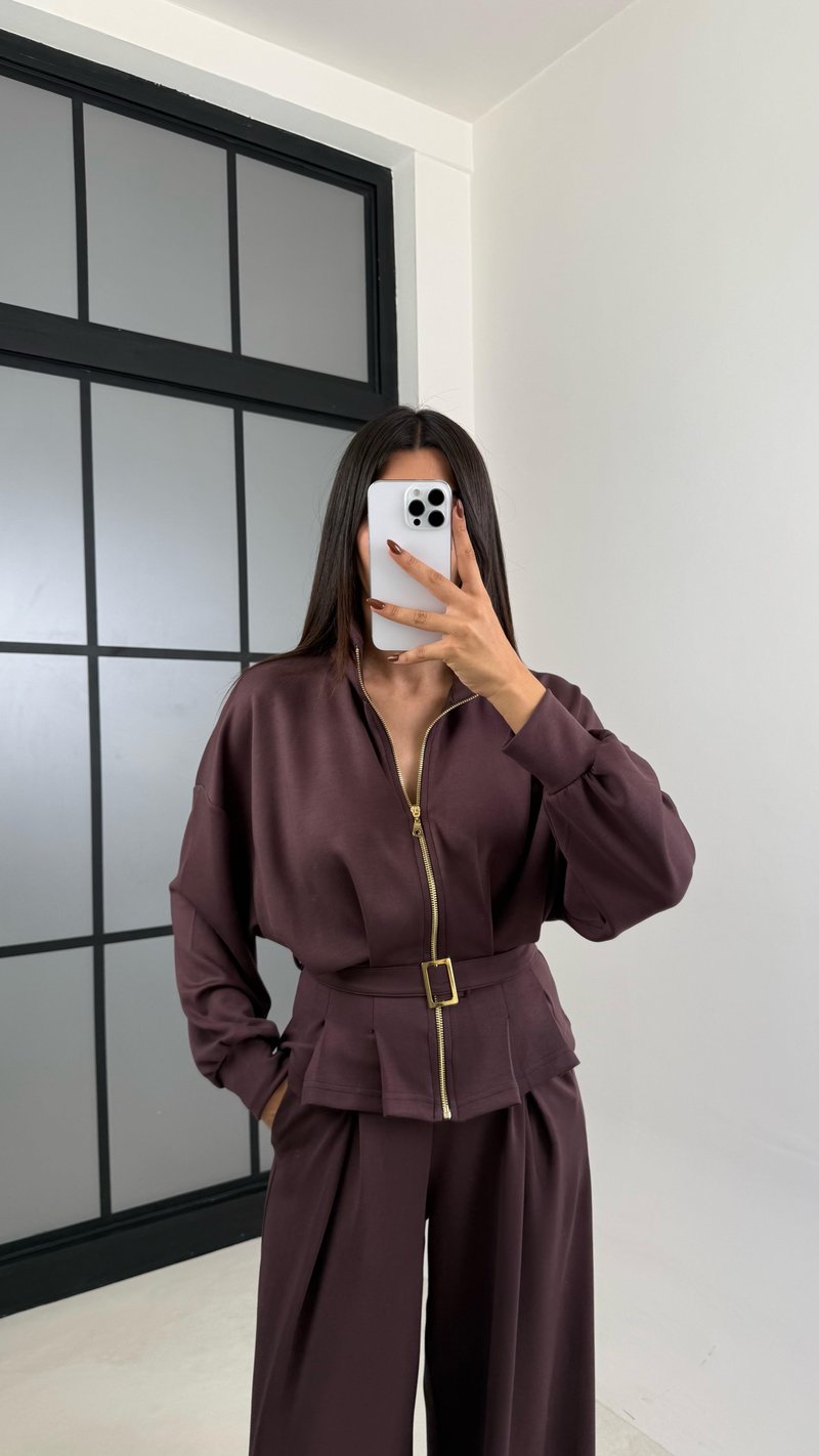 Acı Kahve Kemer Detaylı Hırka Beli Lastikli Geniş Paça Pantolon Modal Takım GAUS-00188