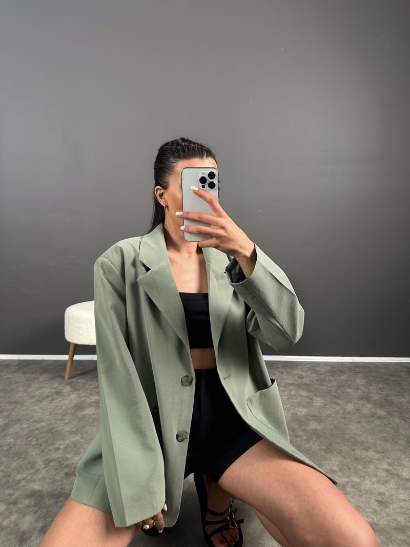 Muadil Yeşil Premium Keten Oversize Ceket 