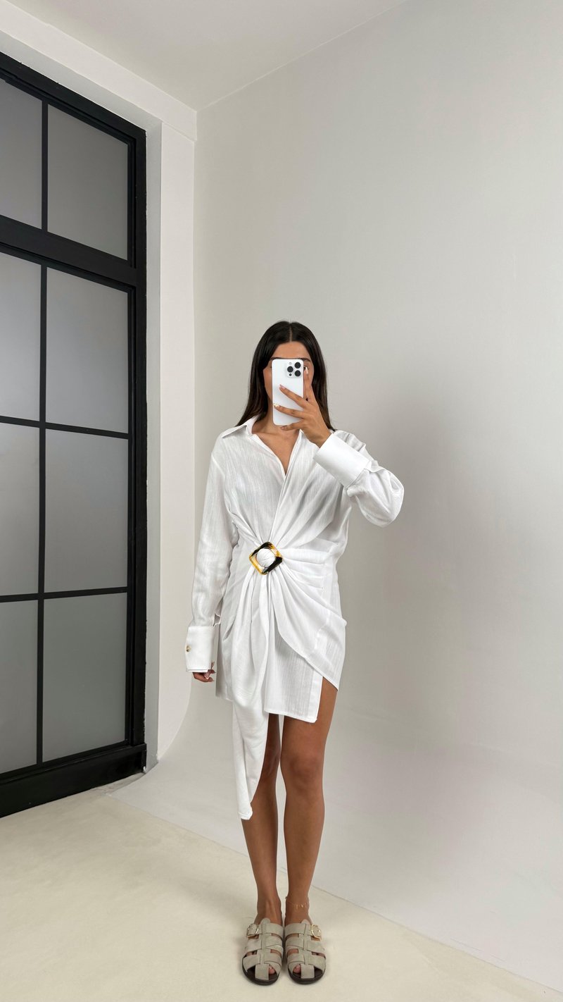 Beyaz Toka Detaylı Premium Keten Elbise Gaus00689