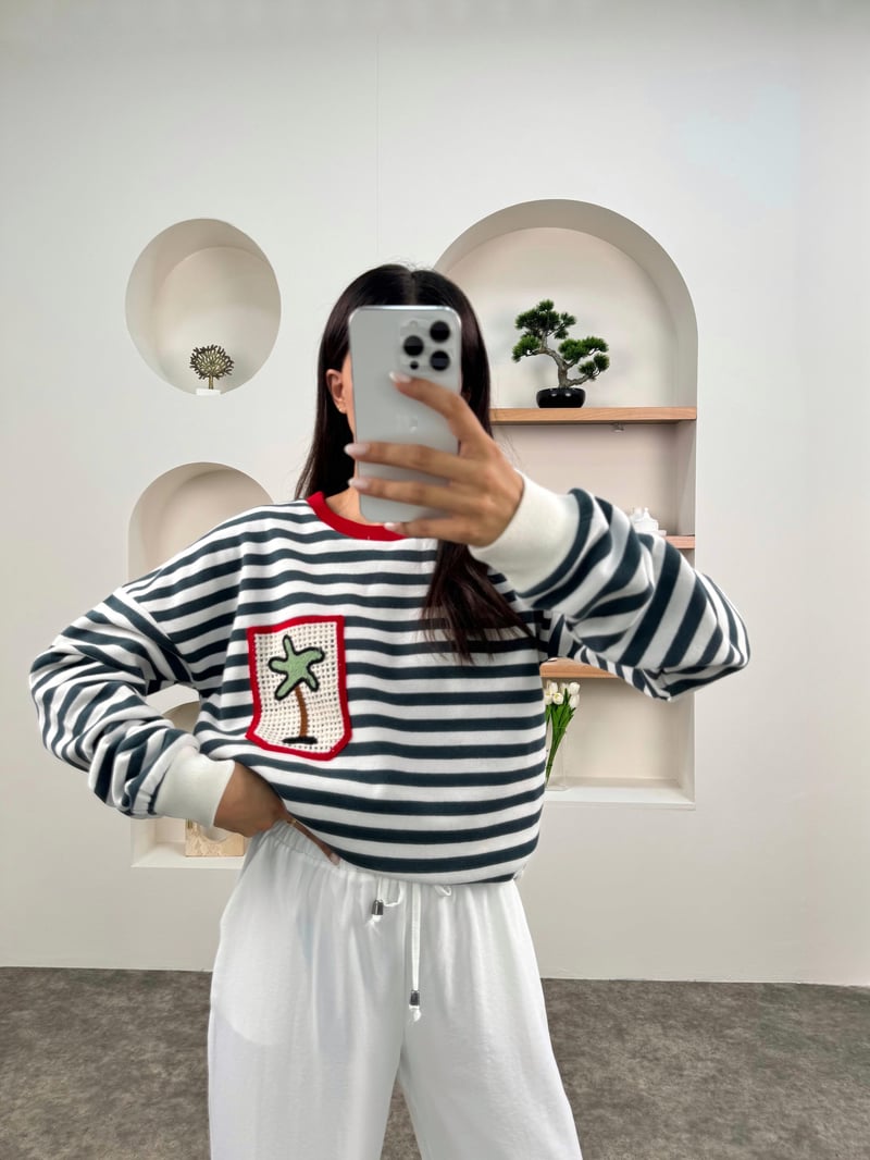 SHG Çizgili Cep İşleme Detaylı Bisiklet Yaka Sweatshirt