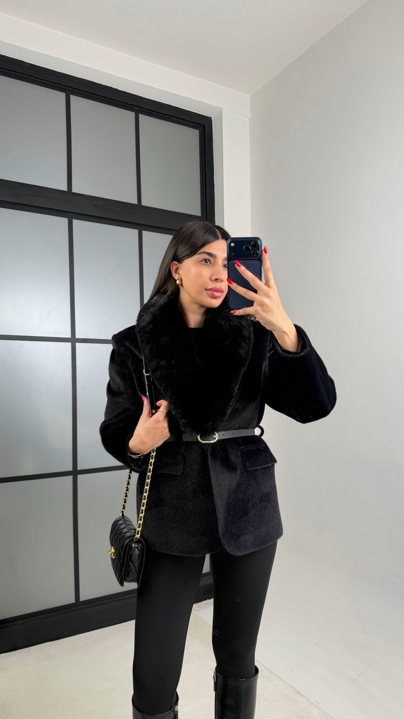 Siyah Astarlı Kemerli Premium Kürk Ceket GAUS-00936