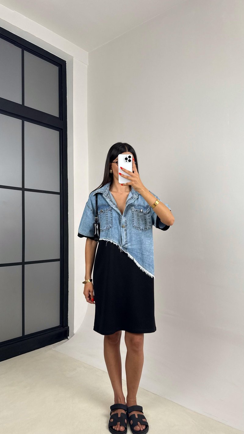 Siyah Önü Düğmeli Denim Üst Bloklu Elbise GAUS-0038