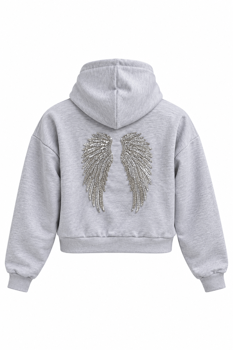 Gri Kanat İşlemeli Kapüşonlu Sweatshirt GAUS-02052