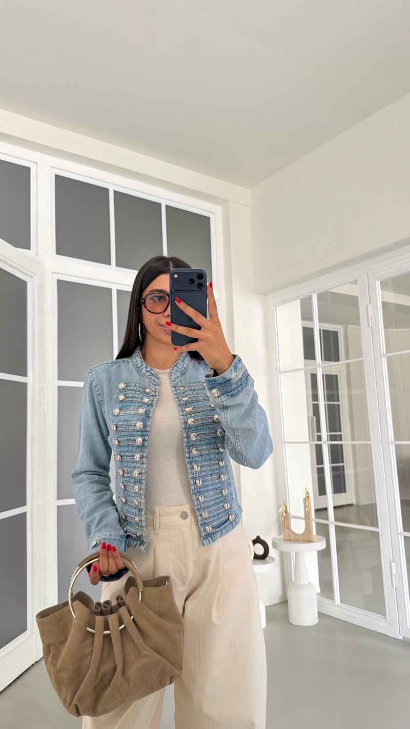 Mavi Apoletli Düğme Detaylı Denim Tasarım Ceket GAUS-01877