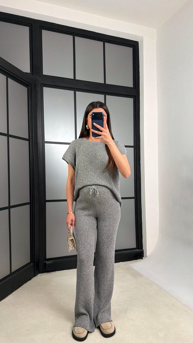 Gri Sıfır Kol Tshirt Beli Lastikli Pantolon Triko Takım GAUS-01238