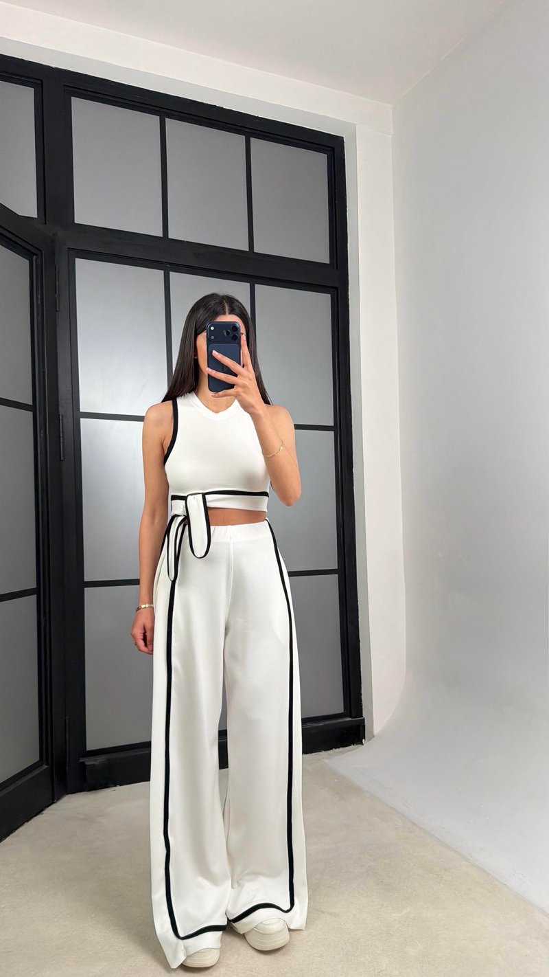 Beyaz Bağlama Detaylı Bluz Beli Lastikli Pantolon Biyeli Modal Takım GAUS-01473