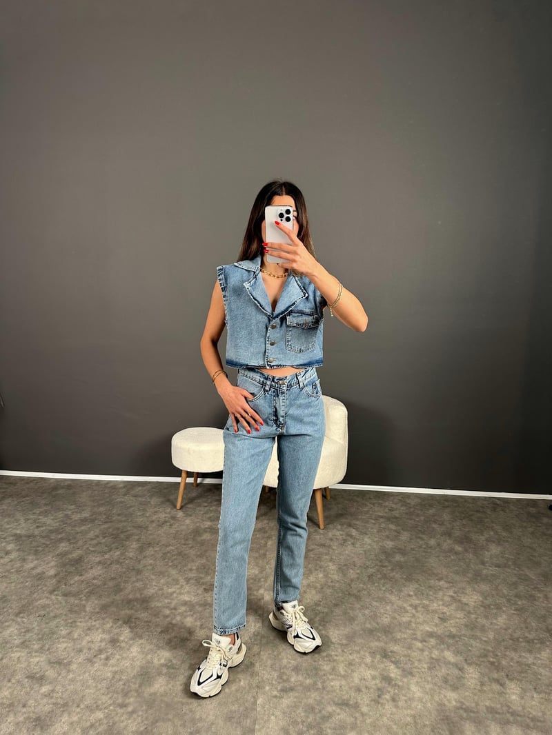 Amio Mavi Yelekli Denim Takım 