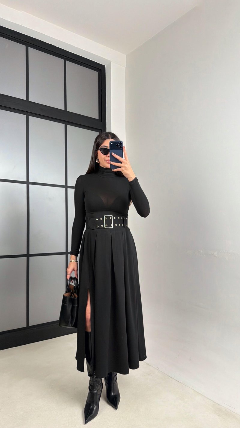 Siyah Yırtmaçlı Kemerli Pinterest Etek GAUS-01068