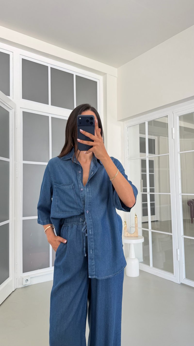 Koyu Mavi Gömlek Beli Lastikli Pantolon İkili Tencel Denim Takım GAUS-01791