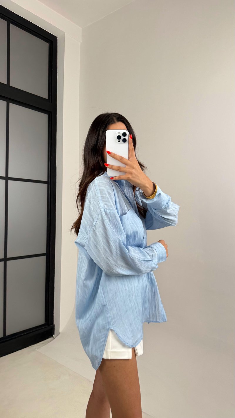 Mavi Şerit Desenli Kırışık Tencel Gömlek GAUS-0032