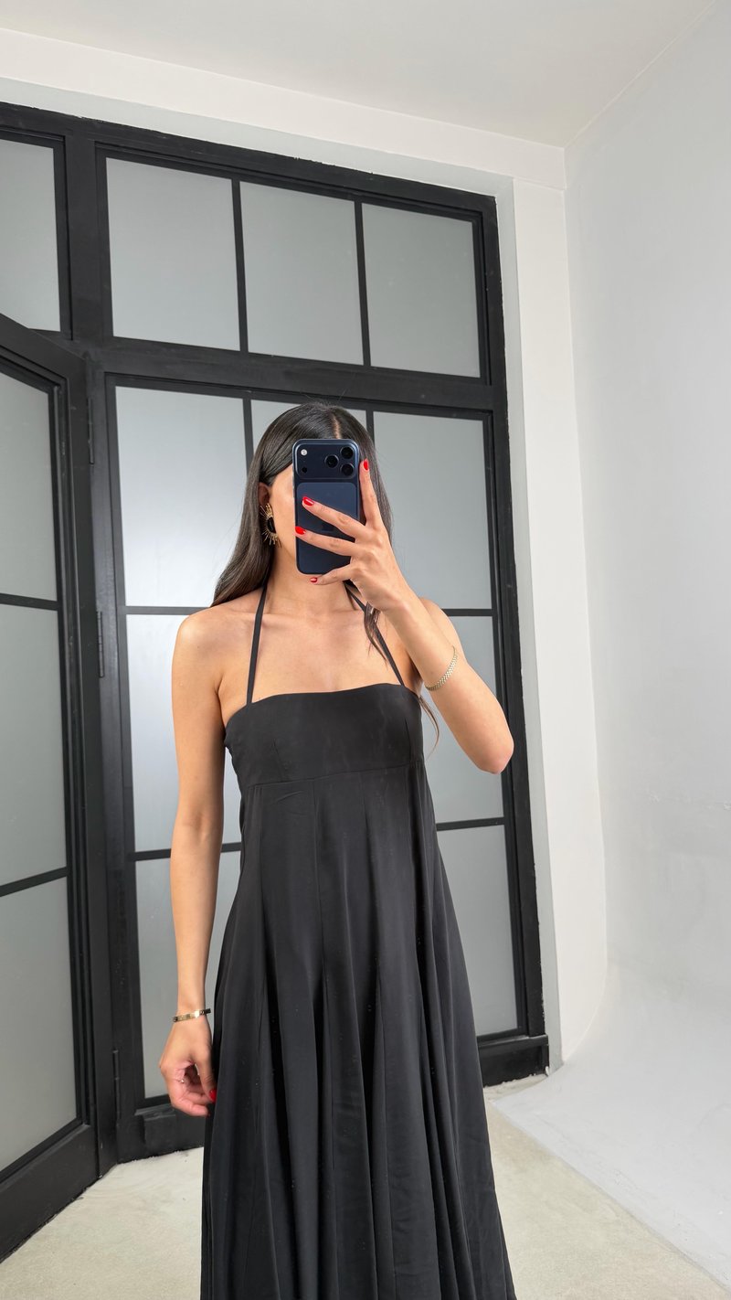 Siyah Boyundan Bağlamalı Tencel Elbise GAUS-01516