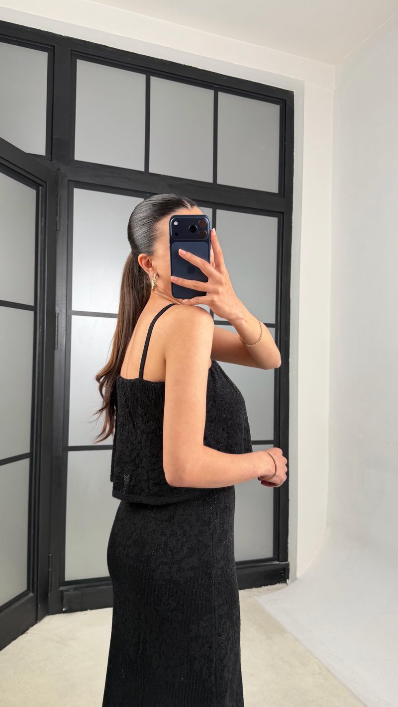 Siyah Askılı Nakışlı Beli Lastikli Triko Elbise GAUS-01398