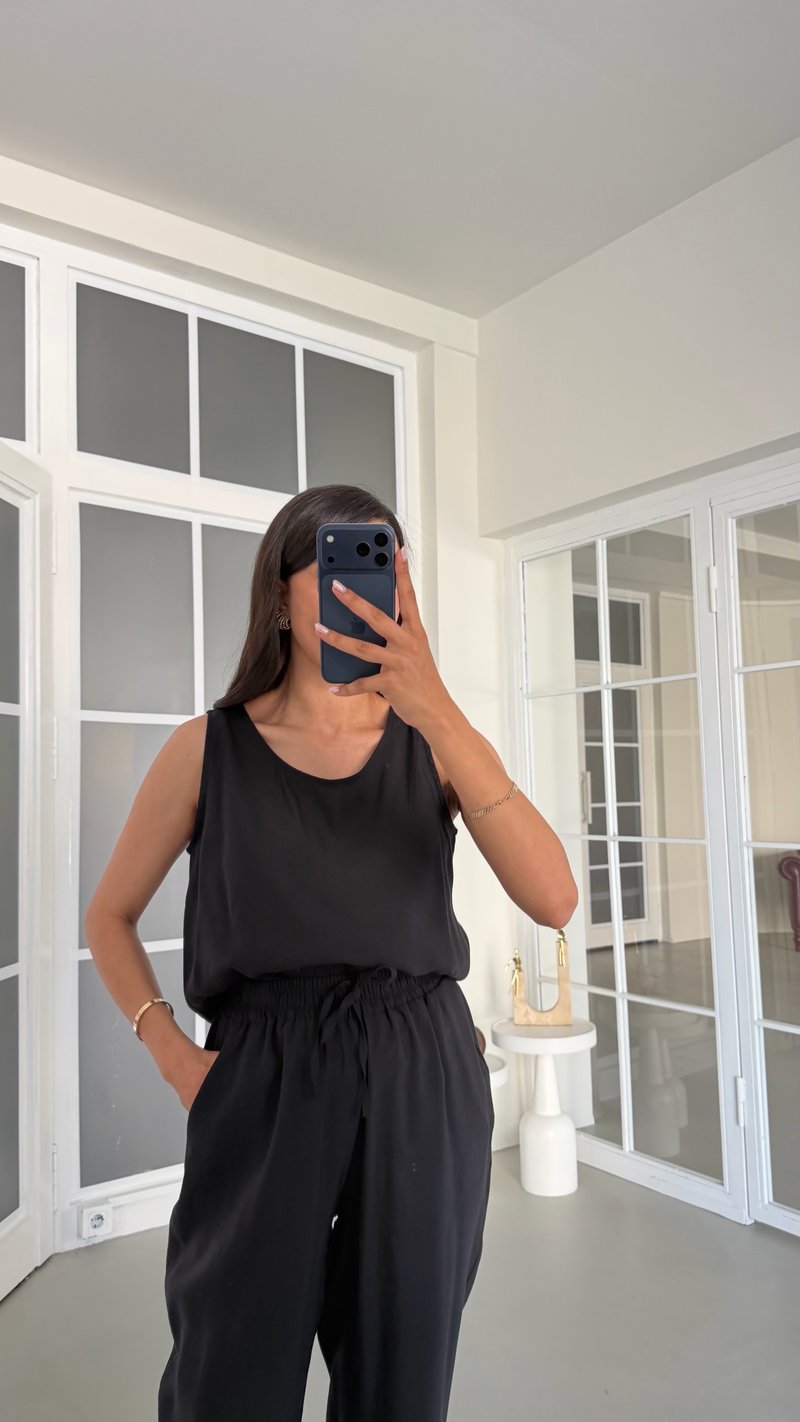 Siyah Bluz Beli Lastikli Pantolon İkili Tencel Takım GAUS-01769