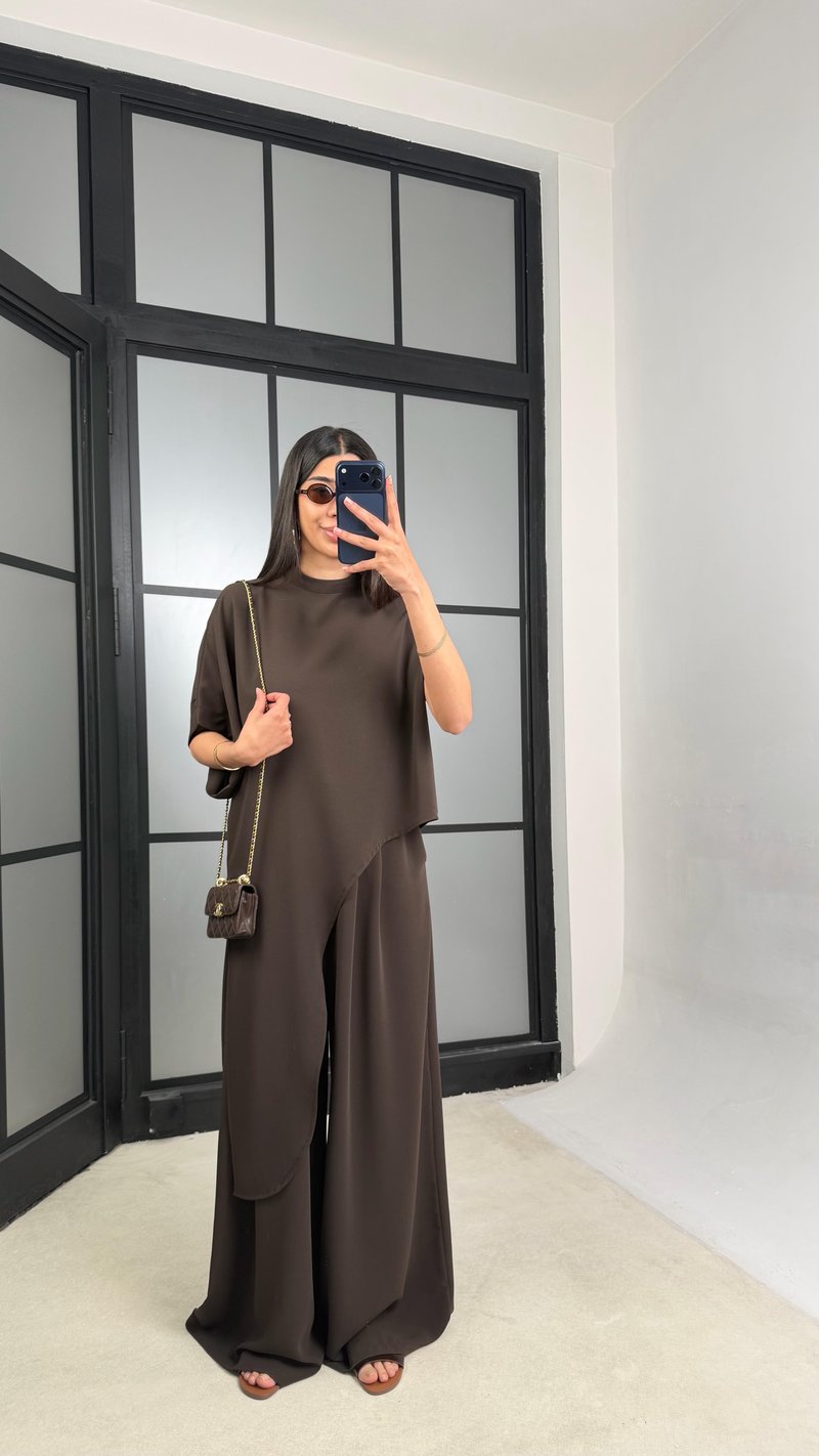 Acı Kahve Asimetrik Bluz Beli Lastikli Pantolon İkili Tasarım Takım GAUS-01490